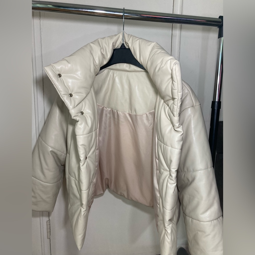Faux Leather Cream Puffer Jacket High Neck Funnel Neck Coat - Picture 12 of 17